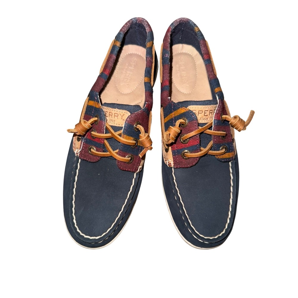 Sperry Top-Sider Plaid Flannel Boat Shoes Navy Blue Womens Preppy